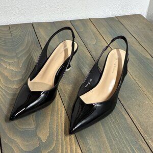 Xin Jing Shoes Black Patent Faux Leather Sling Back w/Nude Heel - Size 5.5 (M9)